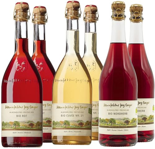 Jörg Geiger Alkoholfrei Probierpaket – 6x Bio Fruchtsecco Prickelnd – Klassik Auswahl – inkl. Gratis Sektverschluss – Geschenkset alkoholfrei