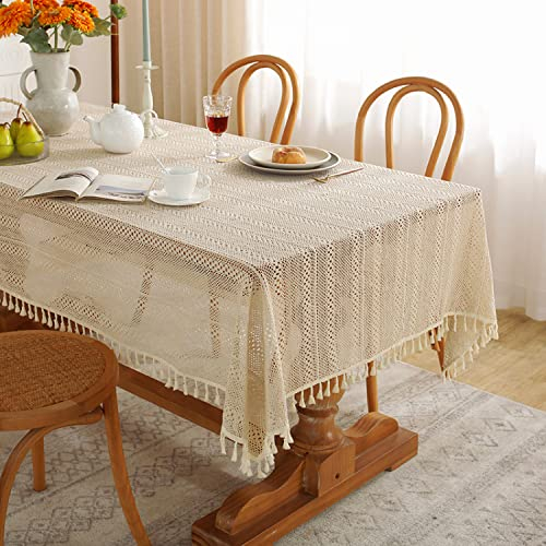 Freyamy Tischdecke Handarbeit Gehäkelte Aushöhlen Streifen Tischdecken mit Quaste Baumwolle Leinen Tischwäsche Vintage Häkelspitze Tischtuch Tischbedeckung Tischdekoration (100x140cm)