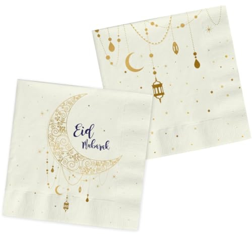 Eid Mubarak Ramadan Dekoration - Servietten Gold Weiß 33x33 cm 20 Stück - Eid Deko Stern Mond Zubehör Ramadan