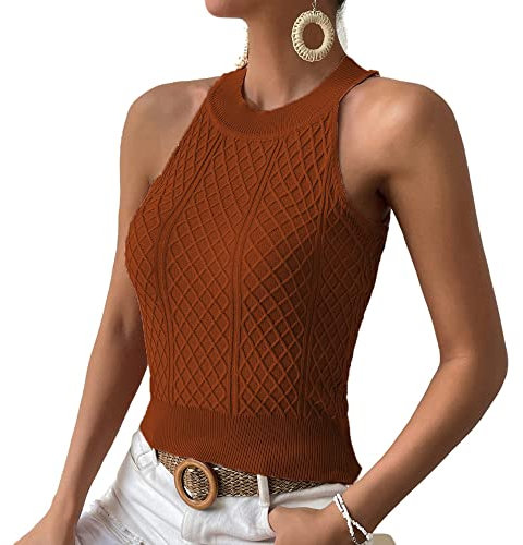 Camiseta Tirantes Mujer,Camisola De Tiras Para Mujer Camisola De Verano Sin Mangas Rosa Color Sólido Tejido Acanalado Cuello Halter Rejilla De Rombos Jacquard Tight Crop Tank Tops Sexy Y2K Túnica