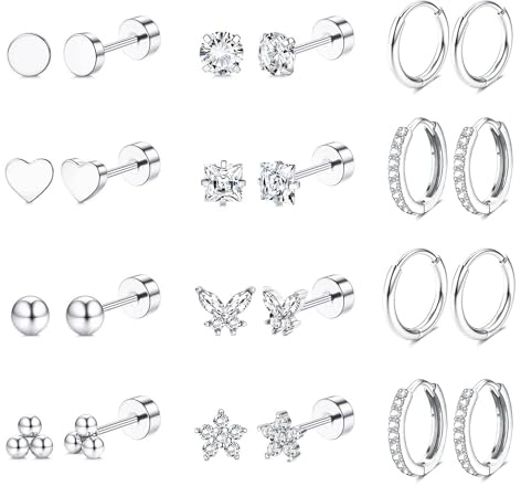 Jstyle Hypoallergenic 14K Gold Plated Flat Back Earrings for Women Men Surgical Stainless Steel Earrings for Sensitive Ears Small Stud Hoop Cartilage Earring Stack Set for Multiple Piercing Jewelry