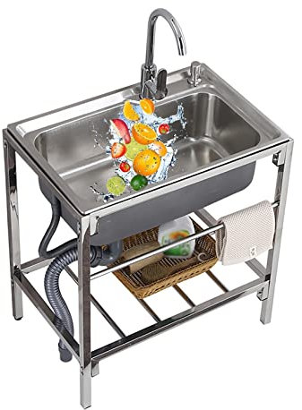 OQHAIR Fregadero De Cocina, Fregadero Al Aire Libre, Mesa De Fregadero De Acero Inoxidable, Soporte De Suelo Interior para Acampar De Acero De Flujo Móvil, Patio De Barbacoa para Camping,