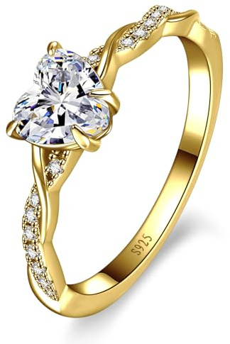 Yaresul 925 Sterling Silver Promise Ring for Her, 14K Plated Gold Sterling Silver Heart Ring Heart Cut Cubic Zirconia Ring April Birthstone Jewelry Token of Love Gifts Size 7