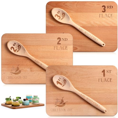 Wiwiqing 3 Set Chili Cook Off Trophies Prizes Wooden Chili Cook Off Spoons Chili Festival Cutting Board Chili Cook Off Champion Gifts for Men Women 1st 2nd 3rd Place Chili Award Competition (Chic)