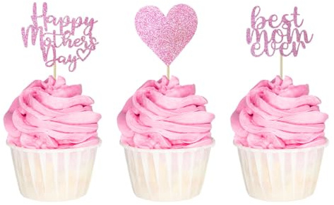 12 Pcs Mothers Day Cupcake Toppers,Gittler Happy Mothers Day Cake Toppers,Cake Toppers with Love Heart for Best Mom Mothers Day Party Cake Decorations