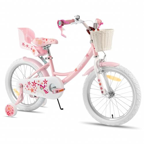 JOYSTAR Einhorn 12/14/16/18 Zoll Kinderfahrrad für 2-9 Jahre Mädchen, Kinderfahrrad mit Puppenfahrradsitz & Stützrädern& Korbstreamer