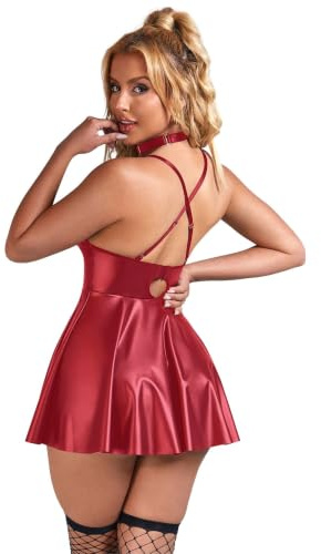 ohyeahlady Women's Sexy Lingerie Sets PU Leather Plus Size Rave Outfits | S-4XL,Flared A-Line Skirt, Curvy Mini Party Dress, Criss-Cross Back, Adjustable Choker Included, Clubwear,Bedroom,Halloween