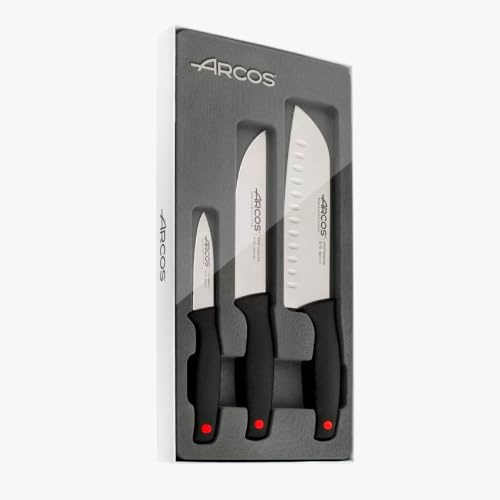 Arcos Serie Monaco - Set de Cuchillos de Cocina 3 piezas (Mondador + Cocina + Santoku) - Hoja de Acero Inoxidable NITRUM - Mango de Polipropileno Color Negro