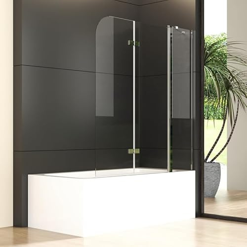 Goezes Duschwand für Badewanne 150x140cm 3-teilig Faltbar, Duschtrennwand mit festem Segment Badewannenaufsatz, Duschwand aus 6mm Nano ESG Glas, Silber Duschabtrennung 150cm Trennwand