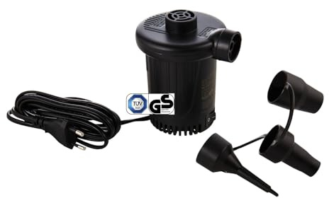 ADVENTURIDGE Elektrische Luftpumpe für Luftmatratze TÜV/GS-Zeichen 2 in 1 Aufpumpen und Entleeren elektrische Pumpe mit 3 Ventil-Adaptern für Matratze Schlauchboot Luftbett Schwimmring Schwarz