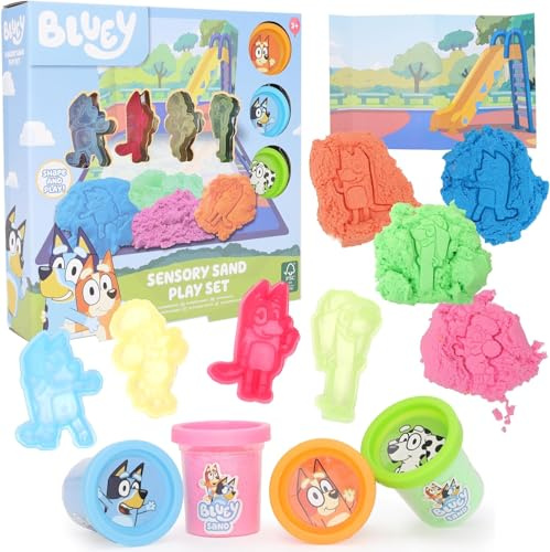 Toyland® 10 pezzi Bluey Sensory Sand Activity Set - 4 contenitori di sabbia, 4 stampi per personaggi, 1 tappetino da gioco cancellabile e 1 scena di carte - Giocattoli per arti e mestieri