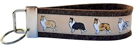 Schlüsselanhänger Schlüsselband Wollfilz dunkelbraun Webband Collies/Shelties Hunde beige schwarz weiß Geschenk