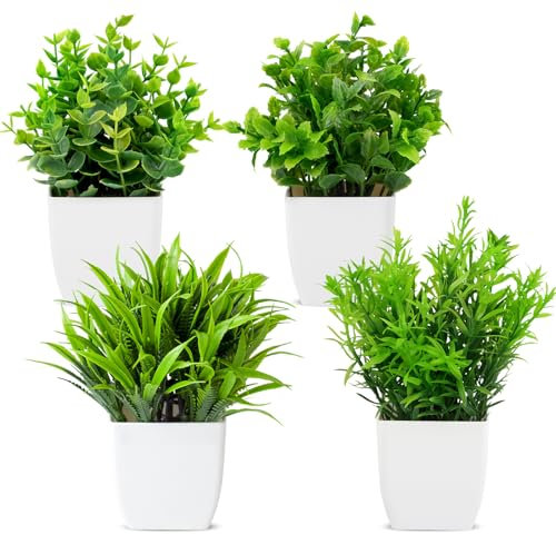 4 Piezas Planta Artificial Pequeña, Plantas Artificiales Decorativas en Maceta, Plantas de Plástico Pequeñas, Plantas Artificial Falsas en Maceta para Mesa, Baño, Oficina Y Balcóo, Plantas Decorativas