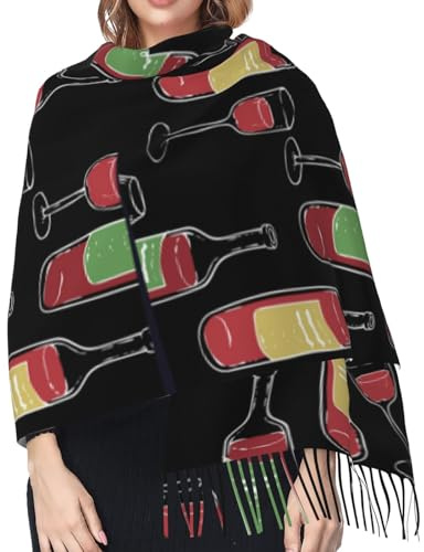 Damen-Schal, handgezeichnet, Weinmode, Winter, warm, Kaschmir, Fransenschal, Schwarz , Einheitsgröße