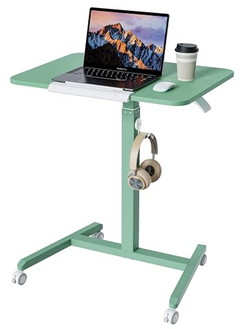 ETHU Höhenverstellbarer Beistelltisch, Mobiler Schreibtisch mit Rollen, Laptoptisch für Sofa Bett, Couchtisch 90° Neigbare Gasfeder-Platte (65 cm), Vielseitiger Rolltisch für Zuhause