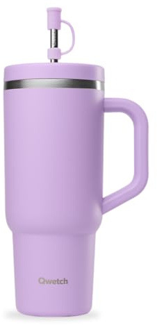QWETCH - Travel Cup 900ml avec Paille & Anse - 48h Glacé / 12h Froid - Gourde Isotherme Inox Recyclé - Mug avec Bouchon à Vis Anti-Éclaboussures - Tasse Thermo - Lavande