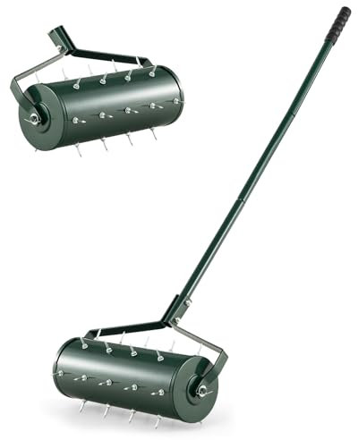 Arieggiatore per prato da 45 cm/53 cm, attrezzo per la cura del prato con rullo spanditore per impieghi gravosi, manico in metallo da 130 cm, tamburo riempibile, rullo arieggiatore manuale per prat