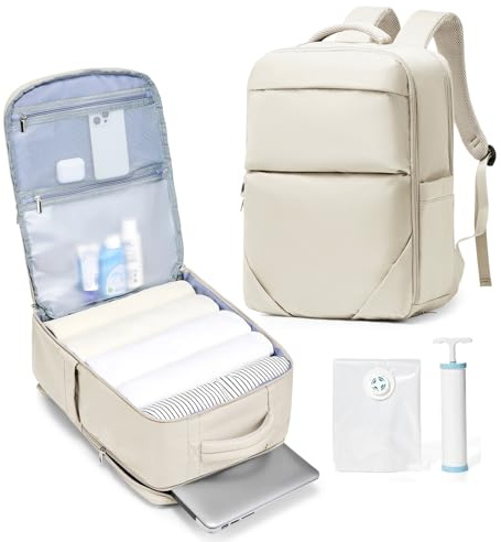 suradar Ryanair Handgepäck 40x20x25 mit Vakuumbeutel für Kleidung Reise, Vakuum Rucksack Handgepäck Vacpack, Vakuum Reiserucksack Klein Vacuum Bags for Clothing mit Handpumpe Herren Damen Beige
