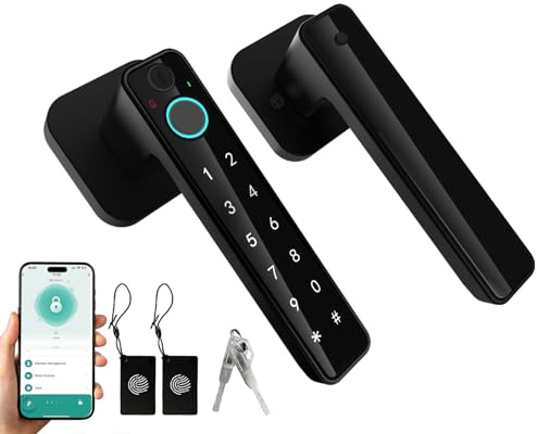 5-in-1 Smart Fingerprint Door Lock,Keyless Entry Digital Knob, Bluetooth App Control, Card and Key, Biometric Door Knob with Handle, Easy to Install for Exterior, Interior, Bedroom Doors
