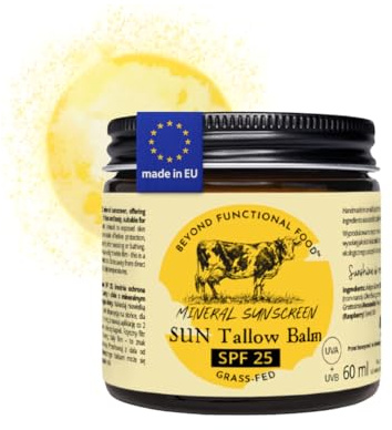 Beyond Functional Food SUN Beef Tallow Crème Solaire Visage - SPF25 - Crème Solaire Naturelle au Suif de Boeuf avec Oxyde de Zinc non-nano - Sans Produits Chimiques - 60 ml