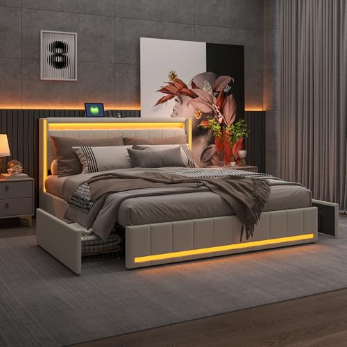BRILVERDE Lit Double 160x200 avec tiroirs de Rangement, avec LED et USB, Lit avec sommier à Lattes et tête de lit, pour Adultes et Adolescent, Linen (Beige, 160 x 200 cm)