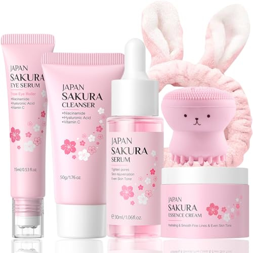 Sakura Skin Care Set, 6PCS Japan Sakura Skincare Set, Anti-Aging Gesichtspflege Set, Feuchtigkeit Geschenkset Frauen Teenager Mädchen Geschenke mit Reiniger,Gesichtscreme,Serum,Augenserum,Bürste