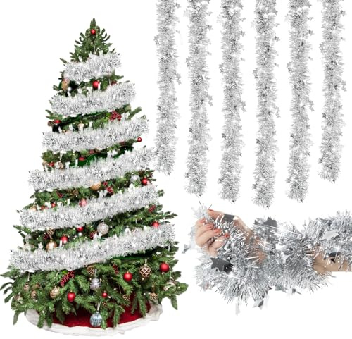Shyllin Guirlande de Guirlandes de Noël, Lot de 6 Guirlandes Tinsel Brillante de 2 m, Décorations Brillantes, Adaptée Aux Décorations de Noël, de Mariage et de Centre Commercial (Argent)