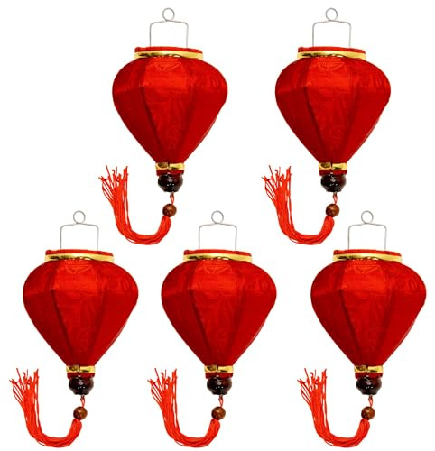 Set mit 5 kleinen asiatischen Laternen aus Seide, Rot, M, Durchmesser 10,5 cm – Hoi an Lampion traditionell aus Stoff, Bambus und Holz – Dekoration und Handwerk aus Vietnam (S56-8477)