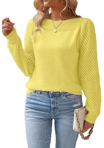Pull en tricot à manches longues pour femme - Col rond - Automne et hiver - Tenue tendance d'automne 2025, jaune, XX-Large