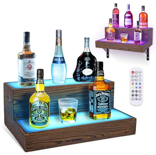 BEARUT Wine Rack with LED Light Liquor Bottle Display Shelf Wall Mounted 2 Tier Acrylic Illuminated Bar Bottle Display Floating Shelf for Home Commercial Bar