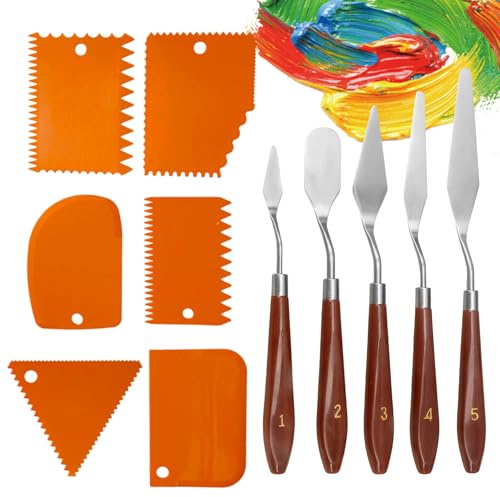 11pcs Malmesser Malspachtel Künstler Set für acryl und Öl Farbe Malen Schaber Edelstahl+orangefarbene Palettenmesser (Rot-orange)