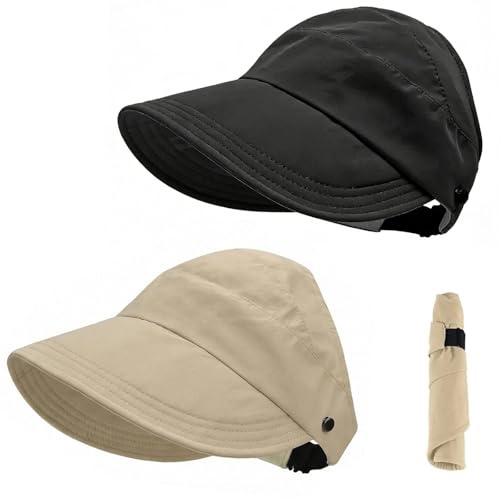2 Piezas Gorras de Hombre Mujer Cap, Mujer Sol Sombrero al Aire Libre UV | Plegable ala Ancha Transpirable para Vacaciones Pesca Junto al Lago Senderismo (Negro Caqui)