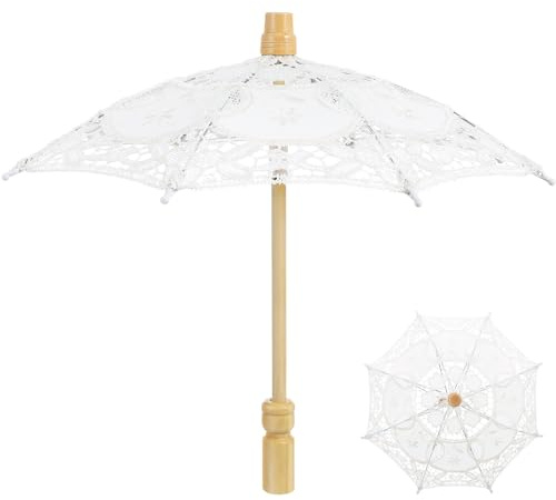 ULDIGI Weißer Brautschirm mit Stickerei Dekorativer Baumwoll Sonnenschirm 15cm Radius Foto Requisite für Hochzeiten und Festlichkeiten