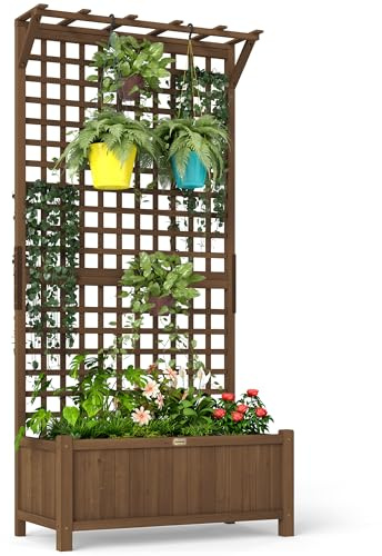Outsunny Letto per Orto Rialzato da Esterno con Traliccio e Barra Superiore, Fioriera da Esterno con Fori di Drenaggio in Legno di Abete, per Fiori e Verdure, per Giardino e Balcone, Caffè Scuro