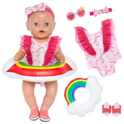 5 Stück Puppenkleidung für 30-45cm Puppen, Schwimmset Kleidung mit Regenbogen Pony Dazu Gehören Badeanzüge Stirnbänder Sonnenbrillen Flip Flops und Schwimmringe, für 14-18 Zoll Schwimmpuppe
