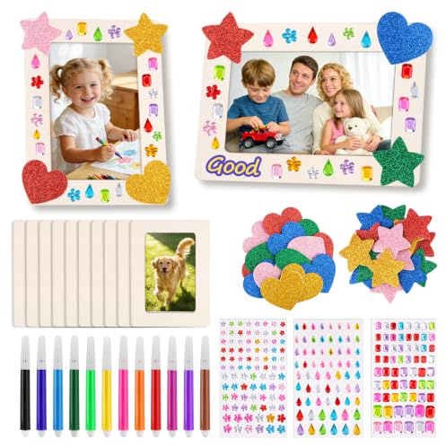 10 Stück Holzbilderrahmen zum Bemalen für Kinder – DIY Bastelset Bilderrahmen selbst gestalten 19x14cm – mit 12 Stife, Sorten Glitzersteinen Sticker – Ideal für Kindergeburtstag Basteln & Weihnachten