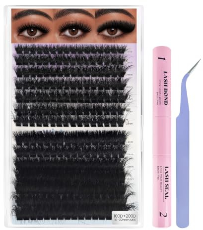 Faux Cils Individuel Volume Russe 100D 200D 224pcs D Curl Pince Glue Seal | Wispy Épais 5 Longueurs 10-22mm : Fluffy Un Couche Deux Effet Léger Toute Journée Débutant OK