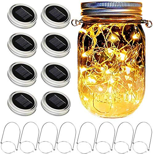 SunKite Solar Mason Jar Lights, 8 Pack 15 LED Waterproof Fairy Firefly Jar Lids String Lights with Hangers(NO Jars), Patio Yard Garden Wedding Easter Decoration - Warm White