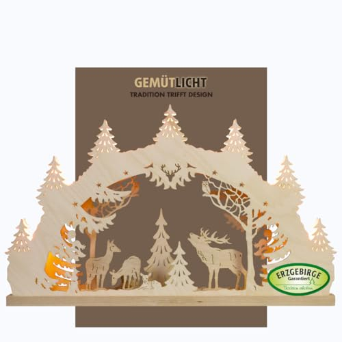 weigla - Schwibbogen original Erzgebirge I LED Lichterbogen Weihnachten I Motiv Hirschfamilie I 7 Lampenkerzen + 1 Ersatzlampe I 7 x 34 V, 0,2 W, E10 I beleuchtete Weihnachtsdeko innen