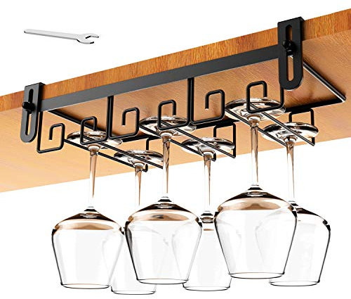 Cmecial Under Shelf Wine Glass Holder - Black, Stemware Rack for Cabinet, Holds Multiple Glasses