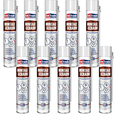KM Trade Montageschaum mit Aussprührohr - PU-Bauschaum für Montage, Isolierung, Abdichtung, Innen & außen - 10 x 750 ml