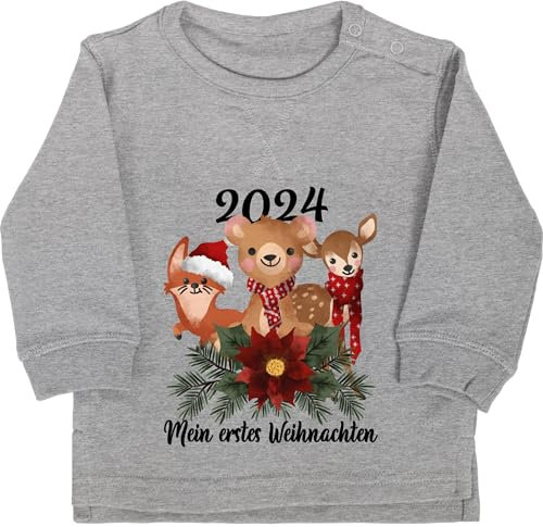 Baby Pullover Jungen Mädchen - Geschenke Christmas - 2025 Mein erstes Weihnachten mit süßen Tieren - schwarz - 6/12 Monate - Grau meliert - Outfit weihnachtsmotiv 1.Weihnachten Pulli Clothes