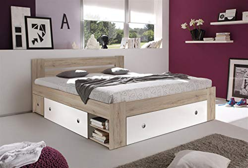 möbelando Bett Bettgestell Ehebett Bettanlage Kojenbett Robina I Eiche San Remo/Weiß