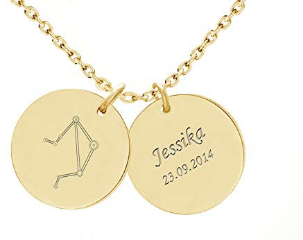 Edellis Damen Halskette mit Sternzeichen Sternbild Horoskop und Gravur Anhänger in Gold, Länge wählbar 40 – 60 cm (Waage 24.09.-23.10.)