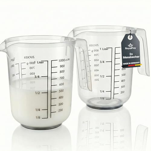RoyalFay® Messkanne – 1L Messbecher aus robustem Kunststoff mit Liter- & Gramm-Skala – lebensmittelechte Messkannen aus Polypropylen für präzises Backen (2 x 1L)