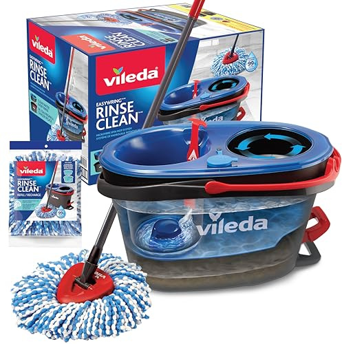 Vileda EasyWring RinseClean Spin Mop & Bucket System with 1 Extra Refill | 2-Tanks Separate Clean and Dirty Water | Machine Washable and Reusable Microfiber Mop Head | Hands-Free Wringing Mop Bucket