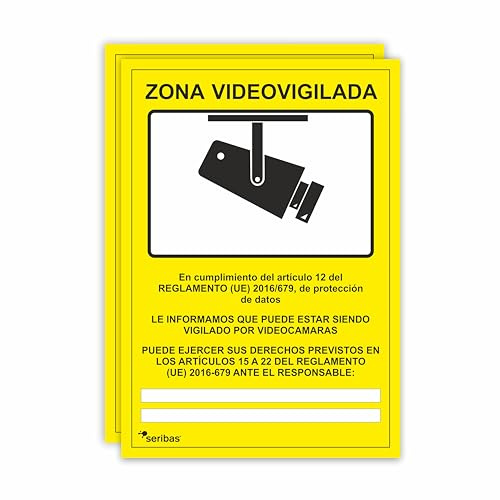Seribas Señal Zona Videovigilada - 2 UNIDADES - Cartel de PVC glaspack 0,7mm A4 21 x 30cm Amarillo Tinta y Material Resistente Interiores y Exteriores