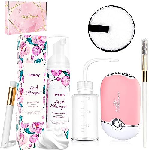 150ml/5.07fl.oz WimpernShampoo Lash Cleanser für Wimpernverlängerung Wimpern Pinsel mit Deckel USB Wimpern Föhn Wiederverwendung Makeup Entferner Pads Eyelash Reinigung (Rosen)
