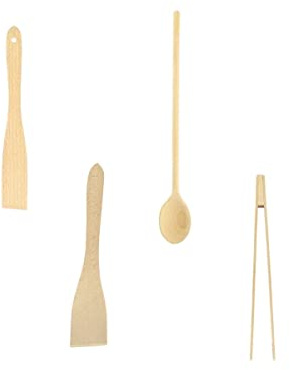 Fackelmann Set 4 ustensiles cuisine en bois avec spatules et pince | Mélange et service facilités, 4 ustensiles essentiels, Bois de hêtre, Formats 30 à 40 cm, Pour poêles et casseroles