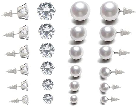Zeayebsr 12 Paar Damenohrringe, weiße Perlenohrringe, silberne Zirkon-Ohrringe, Damen-Perlen-Ohrstecker, 3–8 mm, Ohrring-Set für Frauen (6 Paar Perlen, 6 Paar Zirkone)
